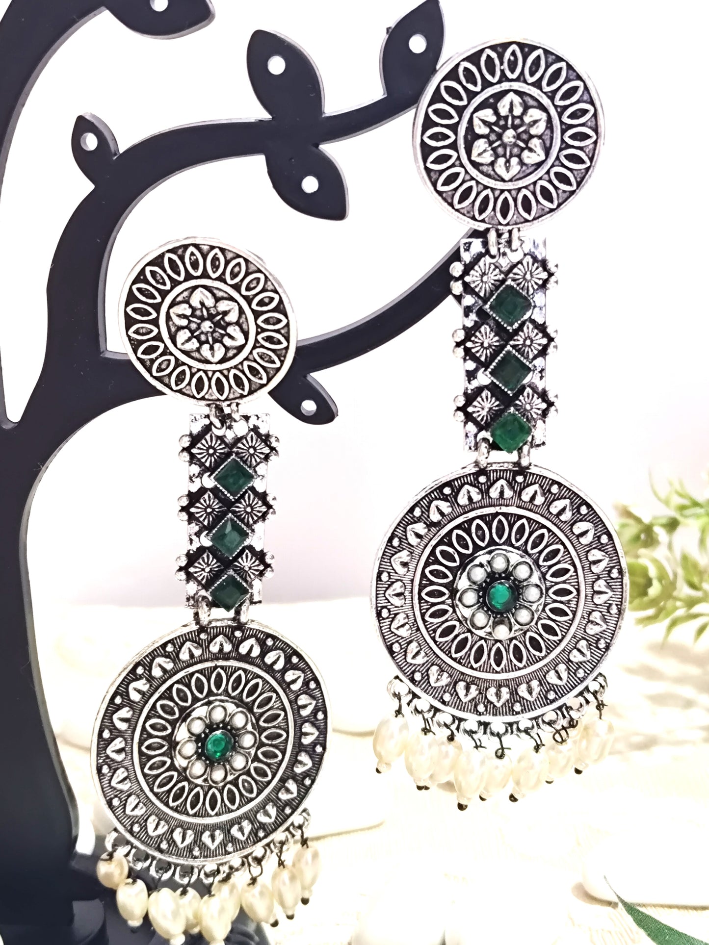 EMERALD MONIKA OXIDISED PEARL DANGLERS