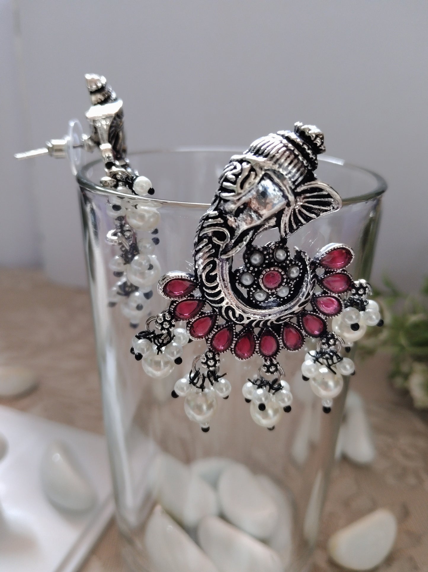 RUBY GANPATI OXIDISED PEARL DANGLERS