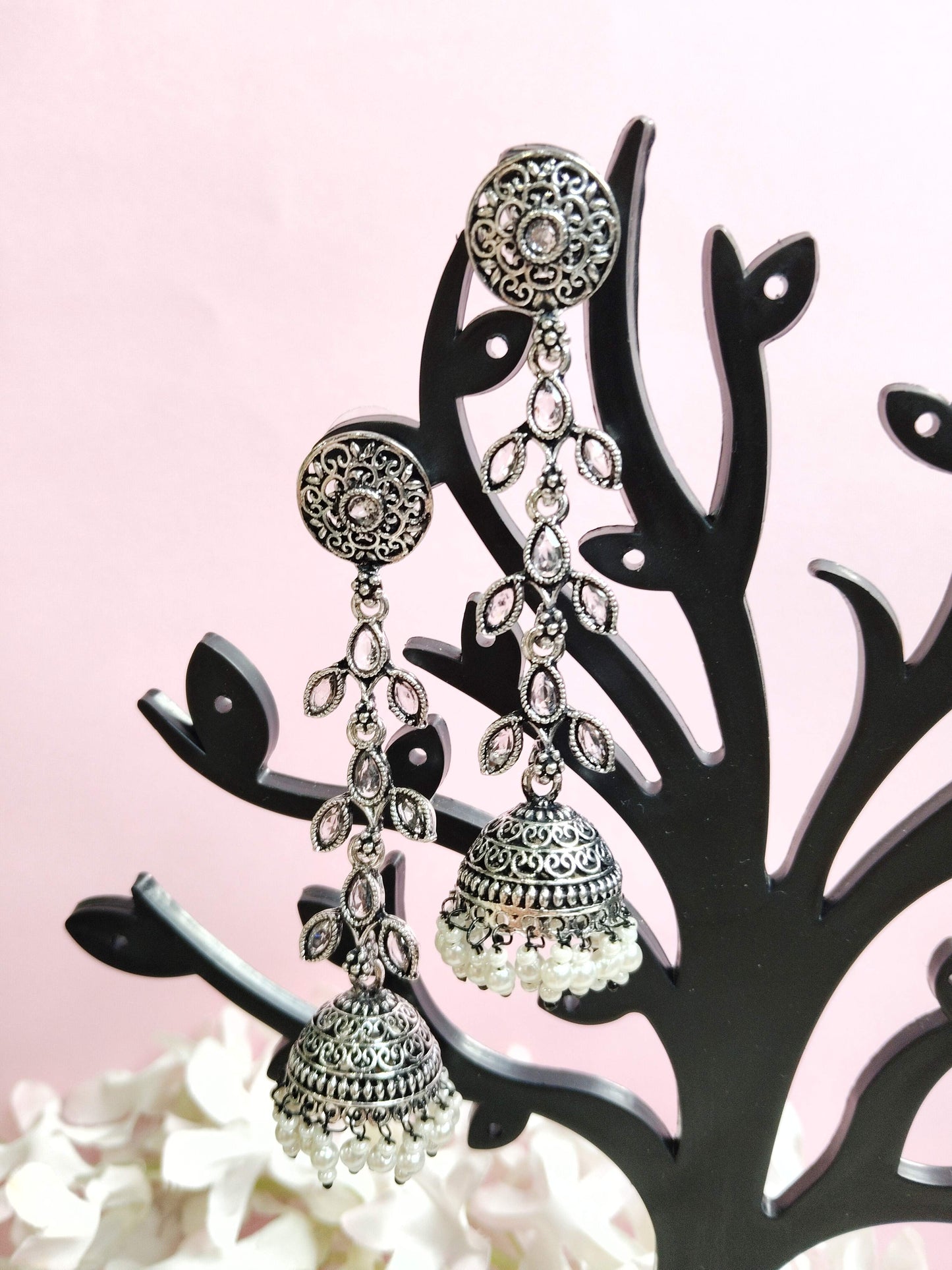 WHITE KRITI OXIDISED PEARL JHUMKA