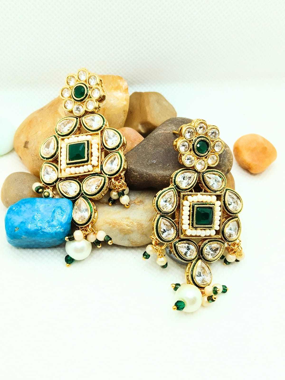 GREEN TAAMASI KUNDAN PEARL DANGLER - 55% OFF