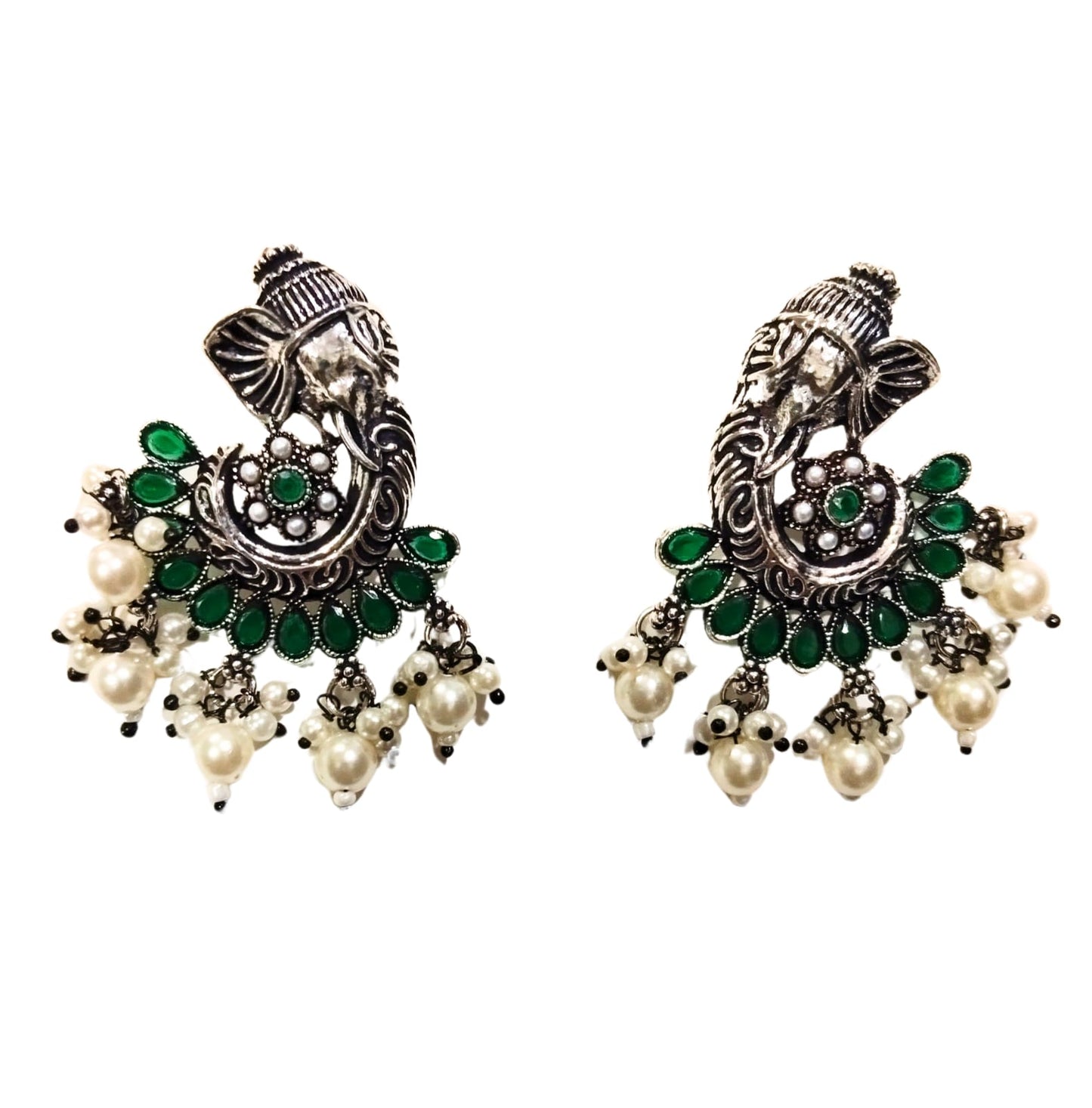 EMERALD GANPATI OXIDISED PEARL DANGLERS