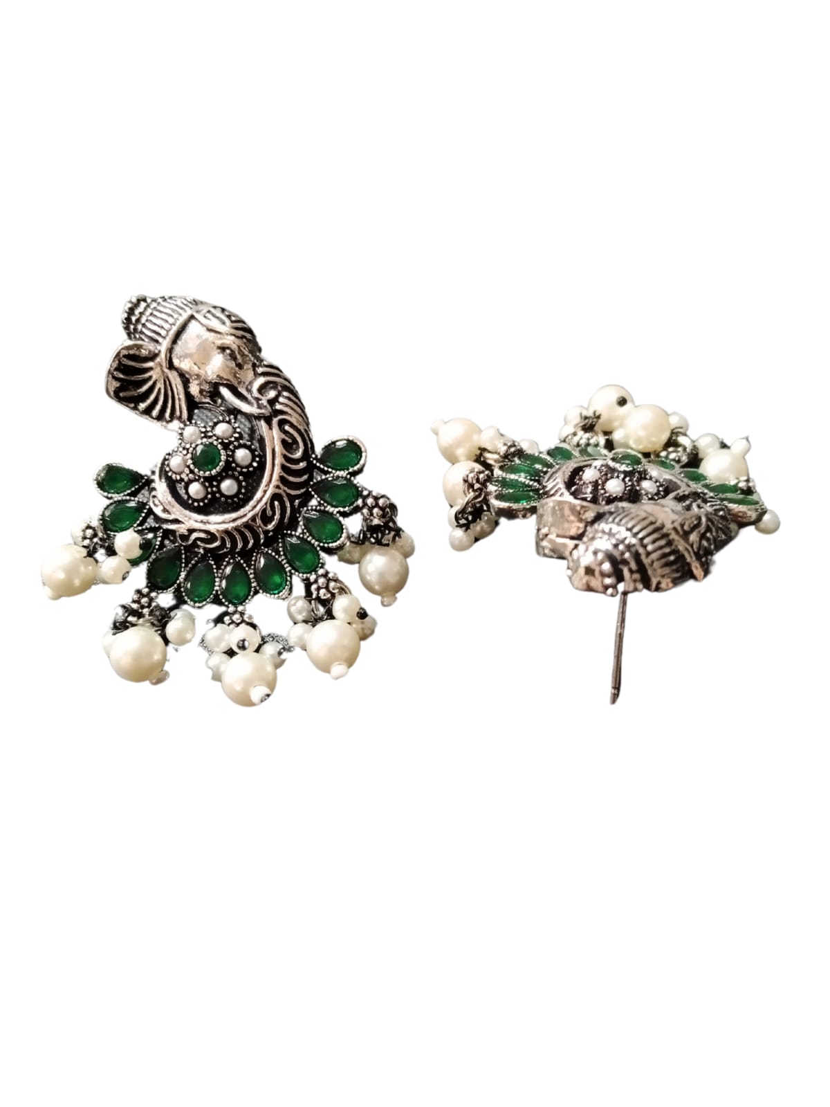 EMERALD GANPATI OXIDISED PEARL DANGLERS