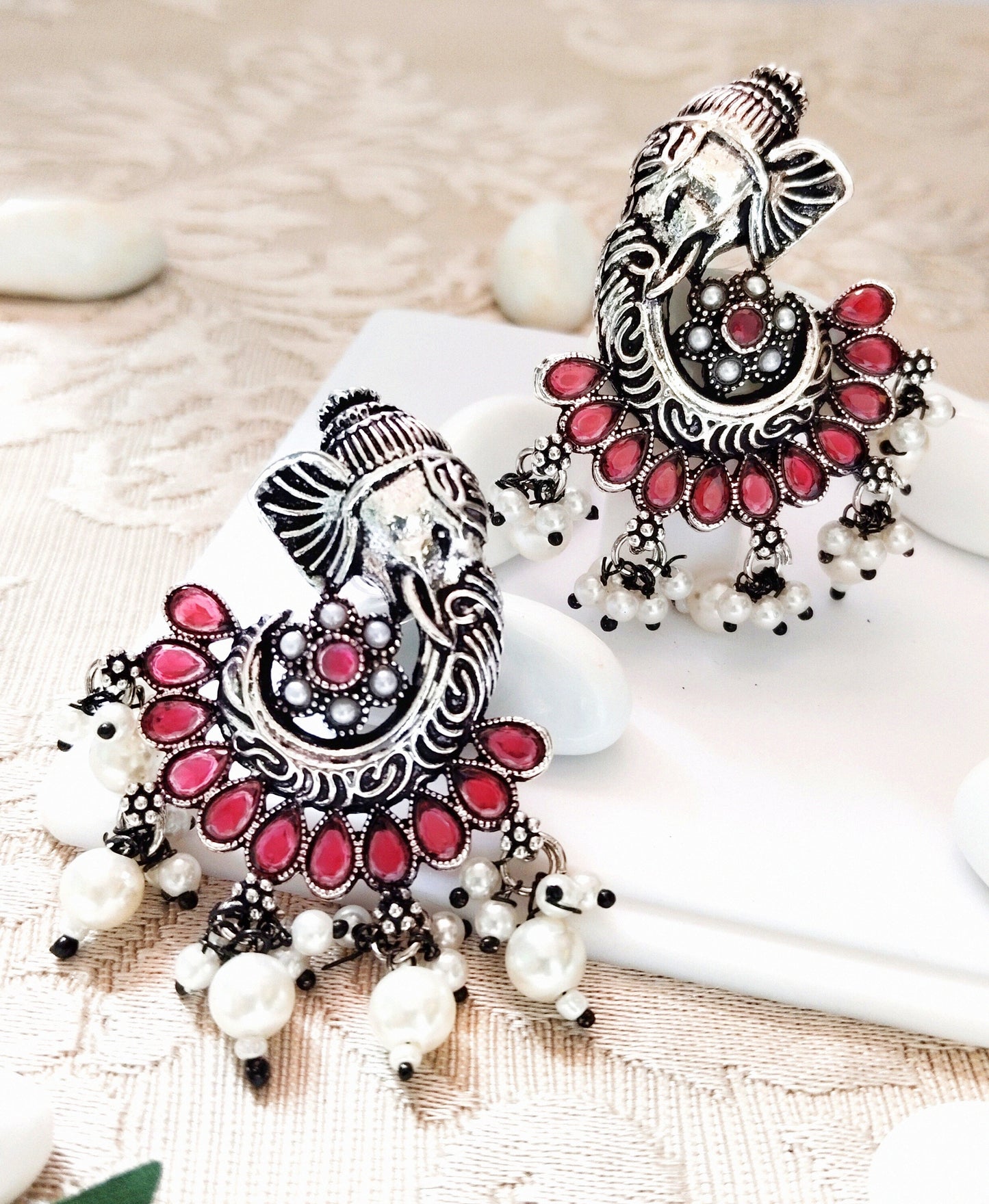 RUBY GANPATI OXIDISED PEARL DANGLERS