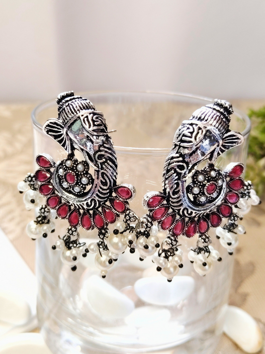 RUBY GANPATI OXIDISED  PEARL DANGLERS