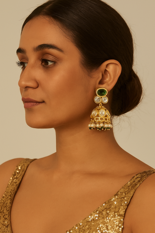 GREEN WHITE AD PEARL JHUMKI
