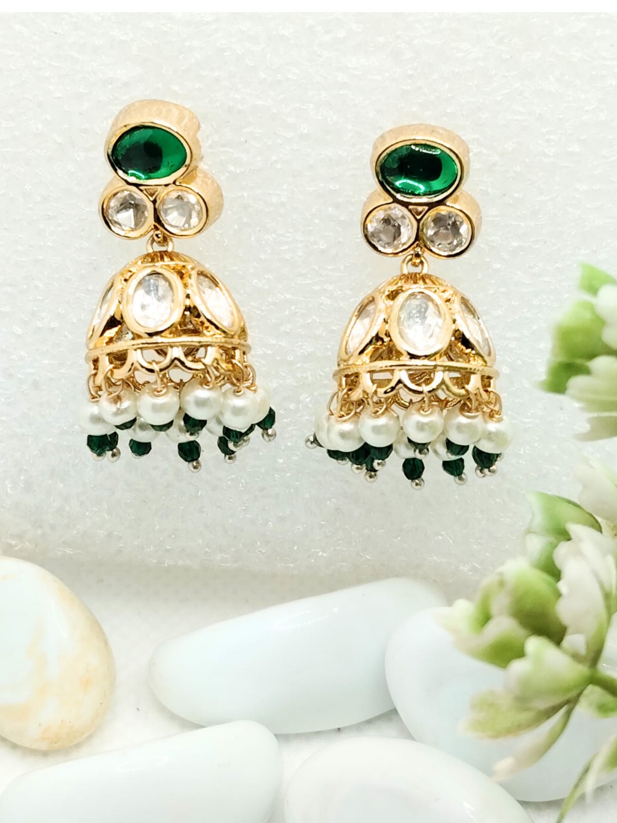 GREEN WHITE AD PEARL JHUMKI