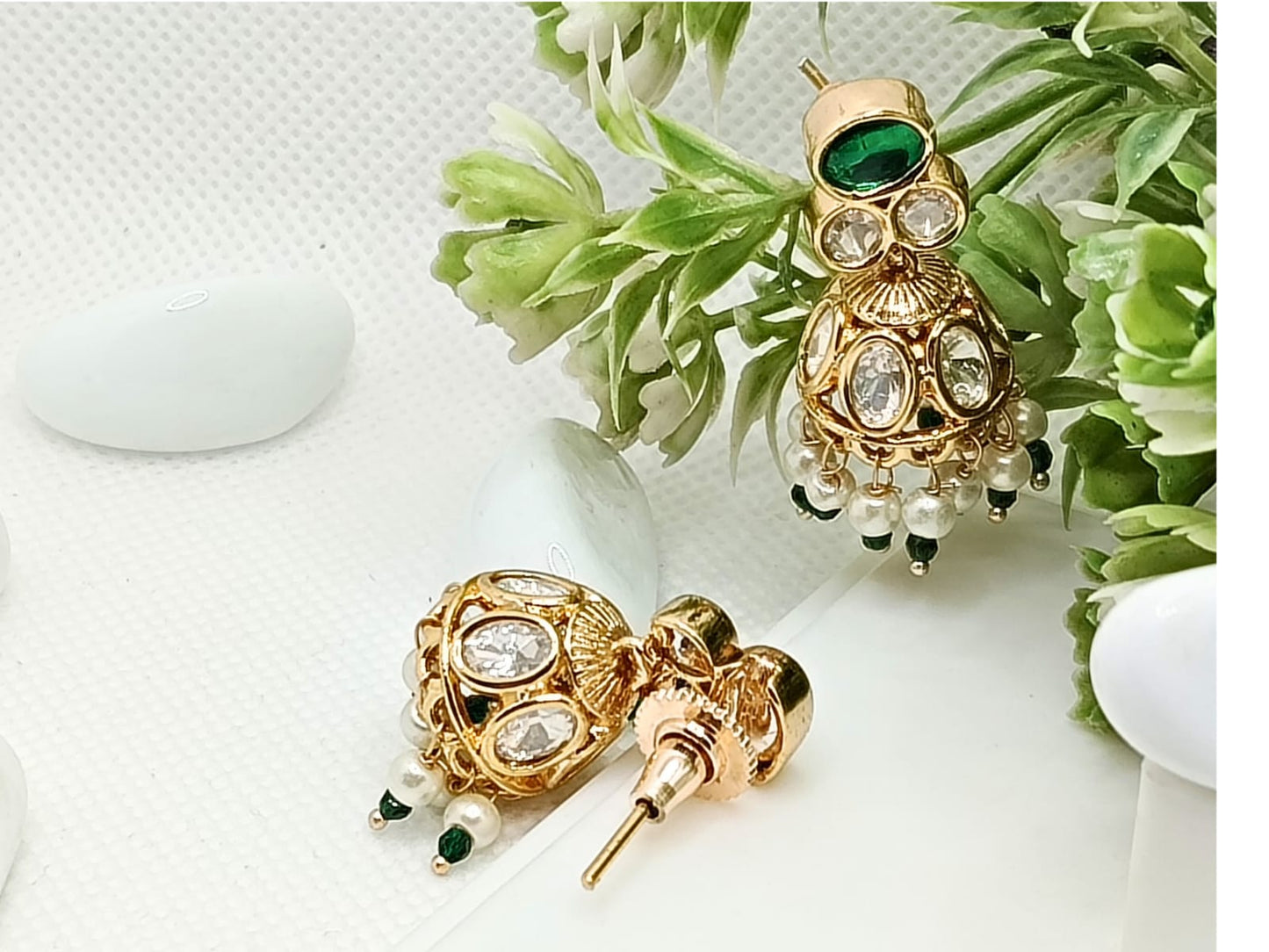 GREEN WHITE AD PEARL JHUMKI