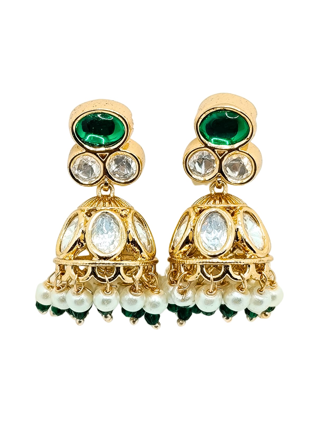 GREEN WHITE AD PEARL JHUMKI