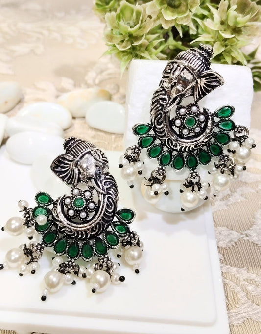 EMERALD GANPATI OXIDISED  PEARL DANGLERS
