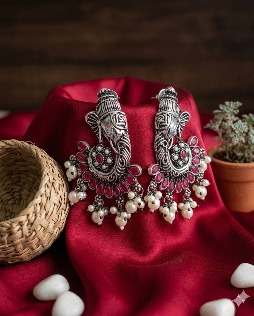 RUBY GANPATI OXIDISED  PEARL DANGLERS