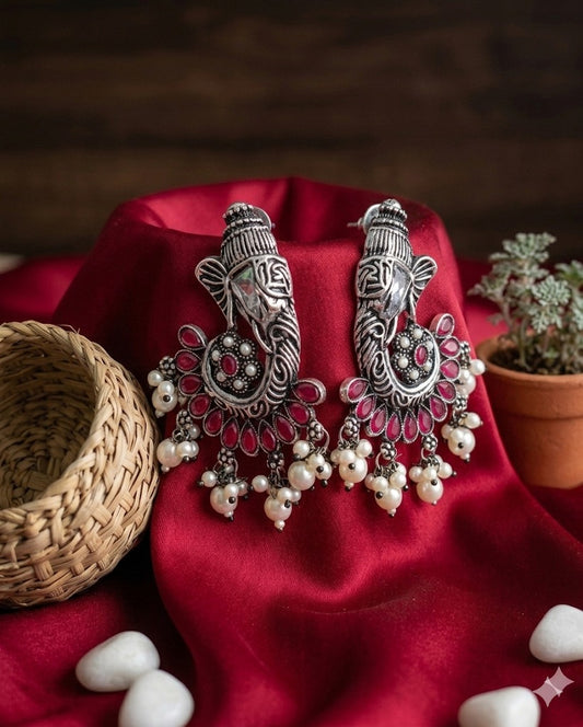 RUBY GANPATI OXIDISED  PEARL DANGLERS